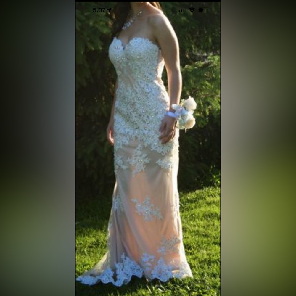 Angela and Alison Ivory, Tan, Lace Formal Gown